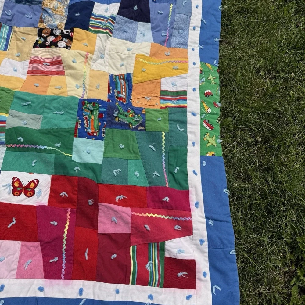 Vintage Handmade Patchwork Tied Quilt Upcycled Clothing Kids 52x63